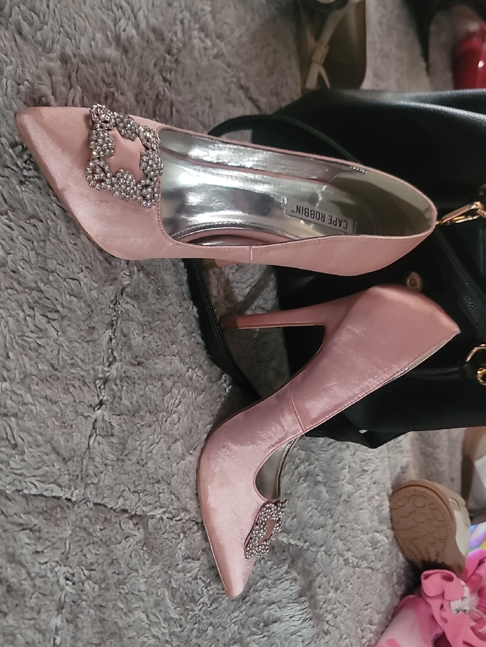 Cape Robbin Blush Pink Satin Pointed Toe Heels with Crystal Embellishment 10
